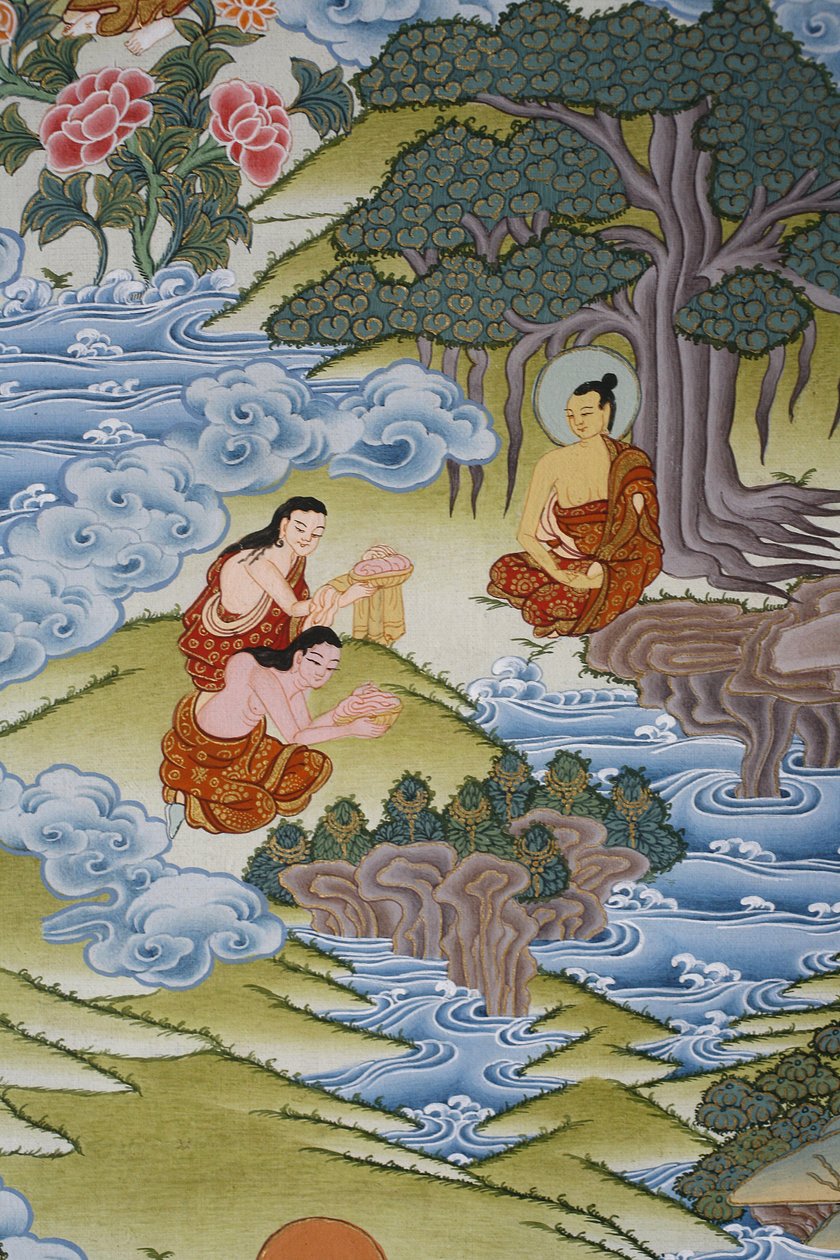 Sujata a dar arroz de leite a Buda. Thangka, Bhaktapur, Nepal de Unbekannt