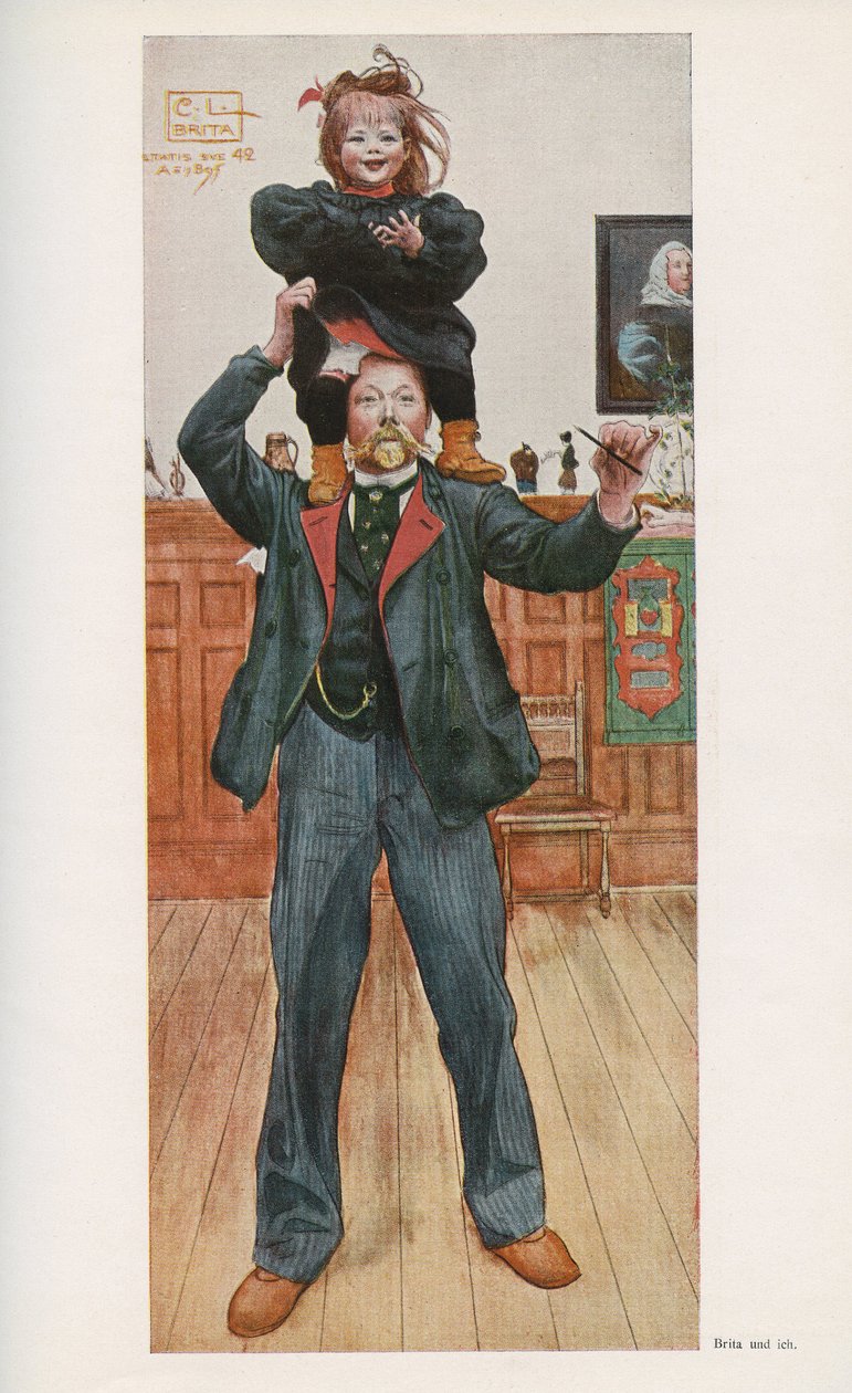 O ilustrador sueco Carl Larsson (1853-1919) com sua filha Brita. Aguarela de "Das haus in der sonne" 1921 de Unbekannt