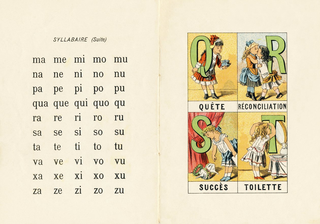 Syllabary e Q R S T - Gravura extraída de ABCD des petites filles. Pellerin & Cie, editora de impressoras, Epinal, por volta de 1890. Serie A. Dimensões : 19 x 13,5 cm. de Unbekannt