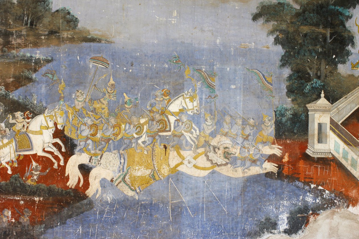 Sylver Pagoda Este mural retrata cenas do Reamker que é o cambojano, ou Khmer, versão do clássico poema hindu Ramayana, Phnom Penh, Camboja. de Unbekannt