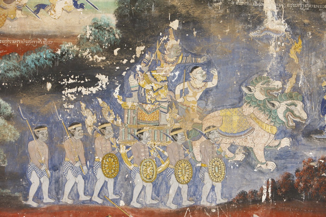 Sylver Pagoda Este mural retrata cenas do Reamker que é o cambojano, ou Khmer, versão do clássico poema hindu Ramayana, Phnom Penh, Camboja. de Unbekannt
