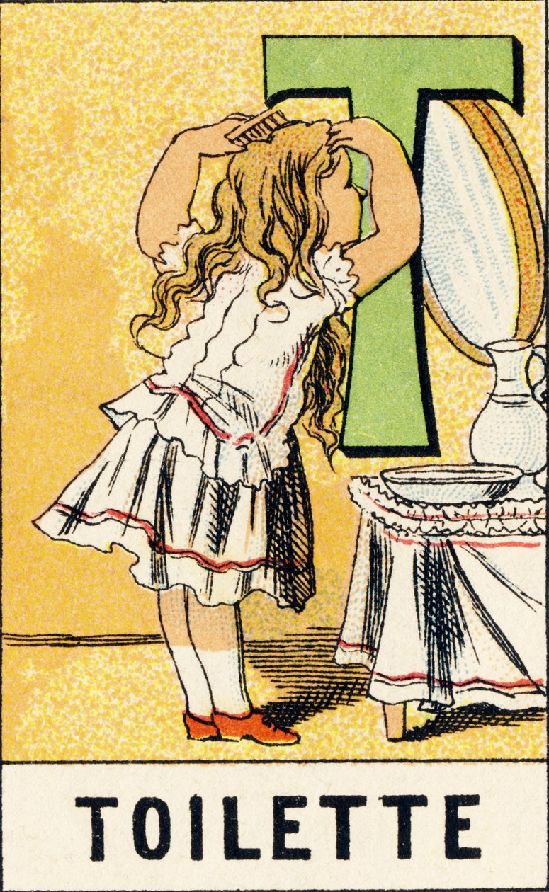 T : Banheiro - Gravura extraída de ABCD des petites filles. Pellerin & Cie, editora de impressoras, Epinal, por volta de 1890. Série A. Dimensões : 19 x 13,5 cm. de Unbekannt
