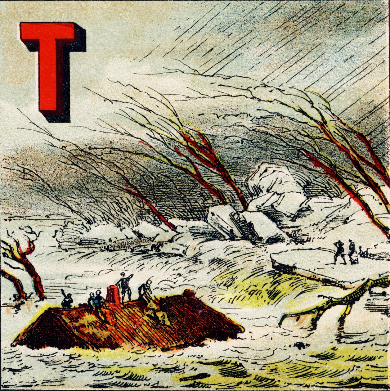 T: Torrent. É uma corrente de água muito rápida produzida pela grande encosta de um terreno - Gravura extraída da geografia do Alfabeto. Guerin-Muller et Cie, editeurs, Paris de Unbekannt