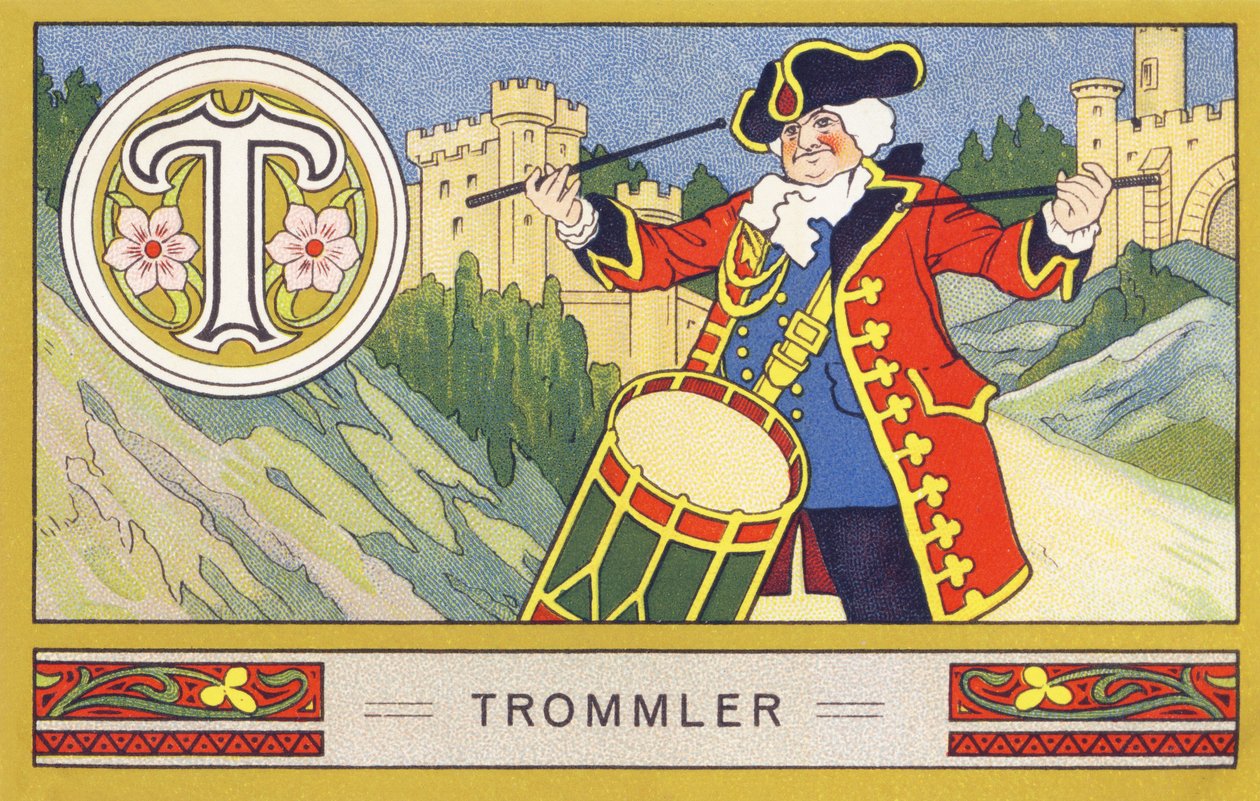 T: Trommler - Alfabeto Palmin. Série de cromolitógrafos publicada por H. Schlinck & Cie, Hamburg, n.d. . Anúncio para Palmin feinstes Cocosfett. Tamanho : 7 x 11 cm de William M. Timlin