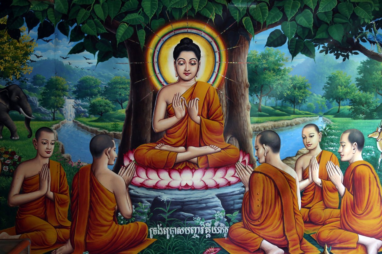 Afresco do templo retratando Buda com discípulos. Camboja de Unbekannt