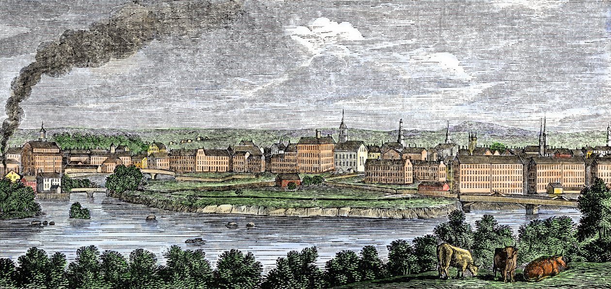 Fábricas de têxteis ao longo dos rios Merrimack (Merrimac) e Concord, em Lowell, Massachusetts, EUA, na década de 1830. Gravura a cores do século XIX. de Unbekannter Künstler