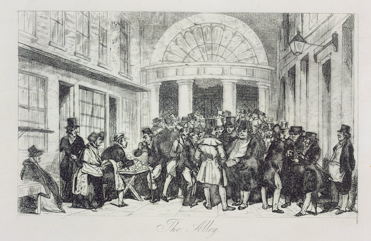 The Alley, Bun Seller na entrada da Bolsa de Londres, Capel Court, c.1850 (gravura) de Unbekannt