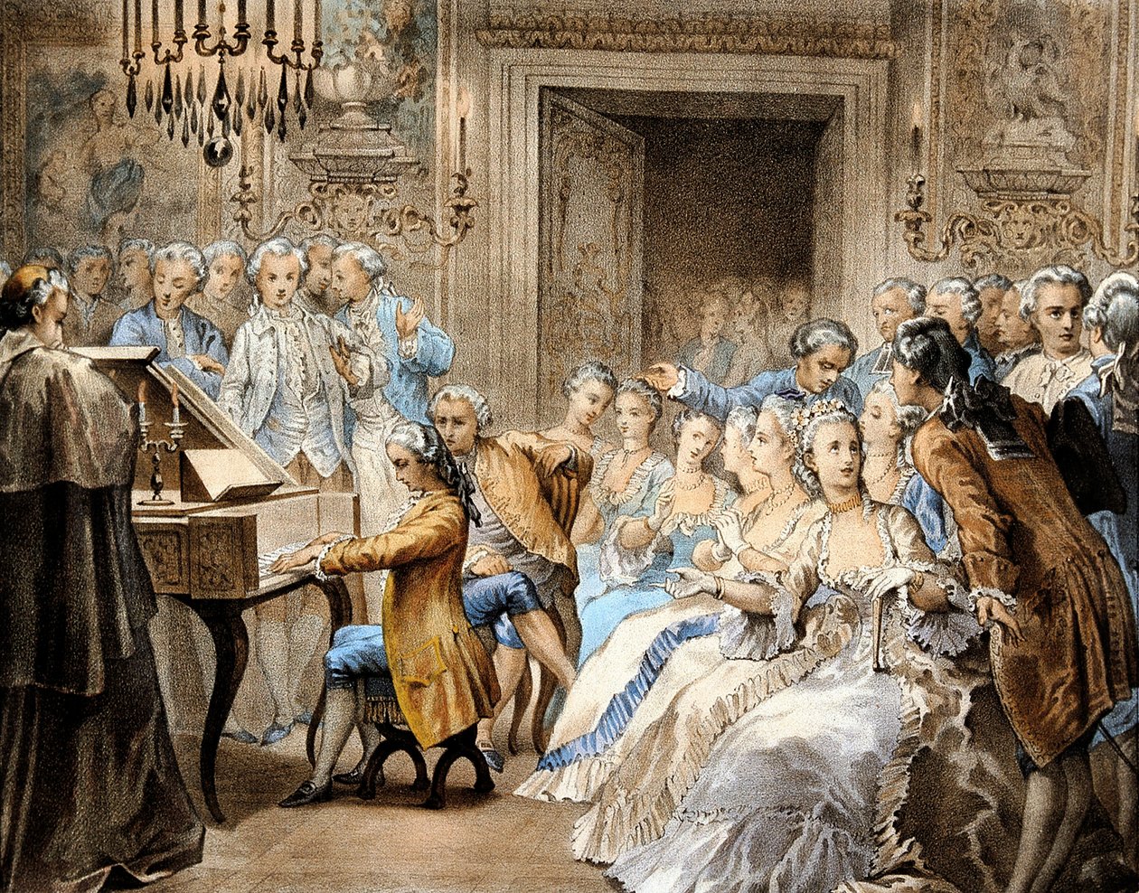 O compositor austríaco Wolfgang Amadeus Mozart (1756-1791), aos 14 anos de idade, reproduzindo de memória o "Miserere" de Gregorio Allegri de Unbekannter Künstler