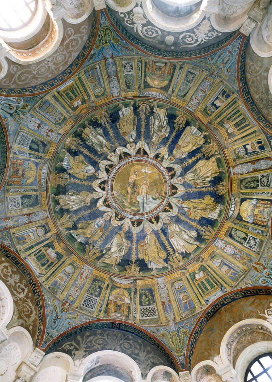 O Batismo de Cristo cercado pelos Apóstolos, da abóbada da cúpula central, século V (mosaico) de Unbekannt