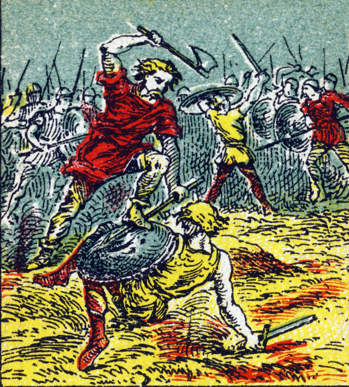 A Batalha de Vouille na qual Clóvis I derrotou os visigodos em 507. Gravura em "Histoire de France". Série de imagens publicitárias publicadas em nome de Louit, 24 rue d