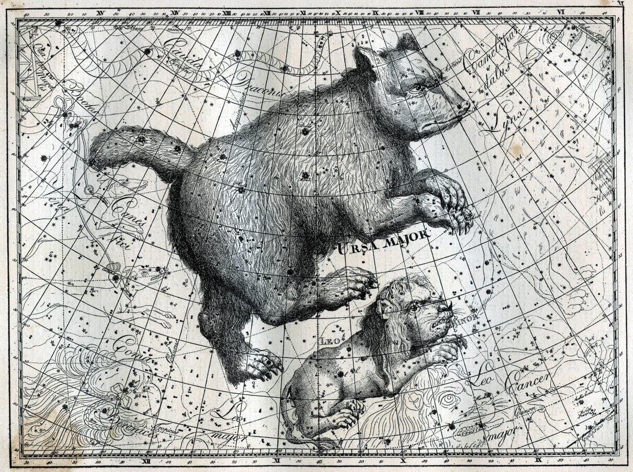 As Constelações Boreal: o Grande Urso e o Leãozinho. Gravura de "Les étoiles et les autres curiosites du ciel", de Camille Flammarion. de Unbekannt