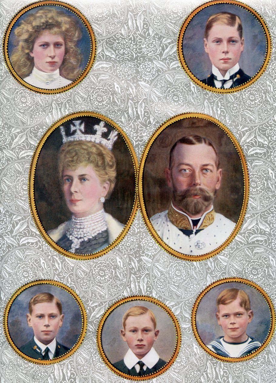 A família real britânica em 1910. A partir do canto superior esquerdo, a Princesa Maria, Princesa Real e Condessa de Harewood, 1897 1965. O Príncipe de Gales, mais tarde Eduardo VIII de Unbekannter Künstler