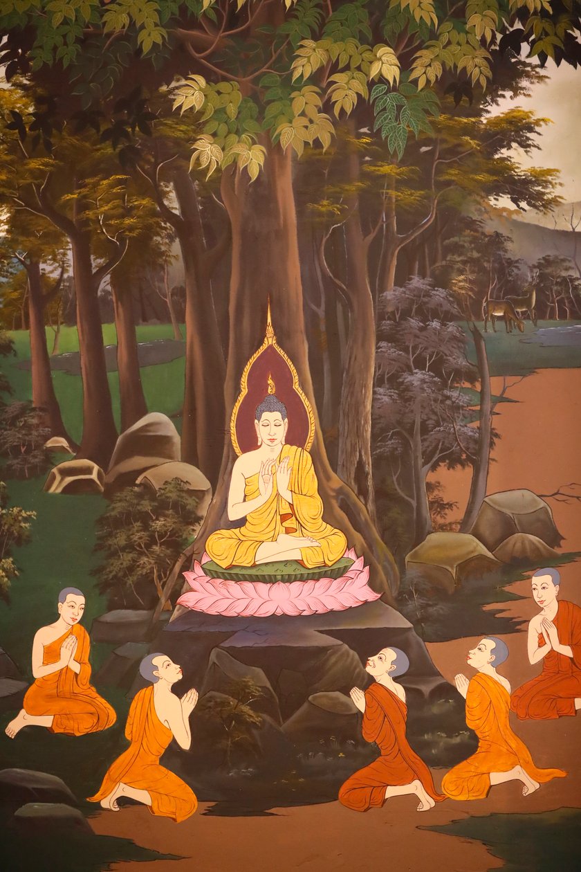 O Buda pregou o seu primeiro sermão aos cinco monges, Afresco de parede, Templo Wat Botum, Phnom Penh, 2022 (foto) de Unbekannter Künstler
