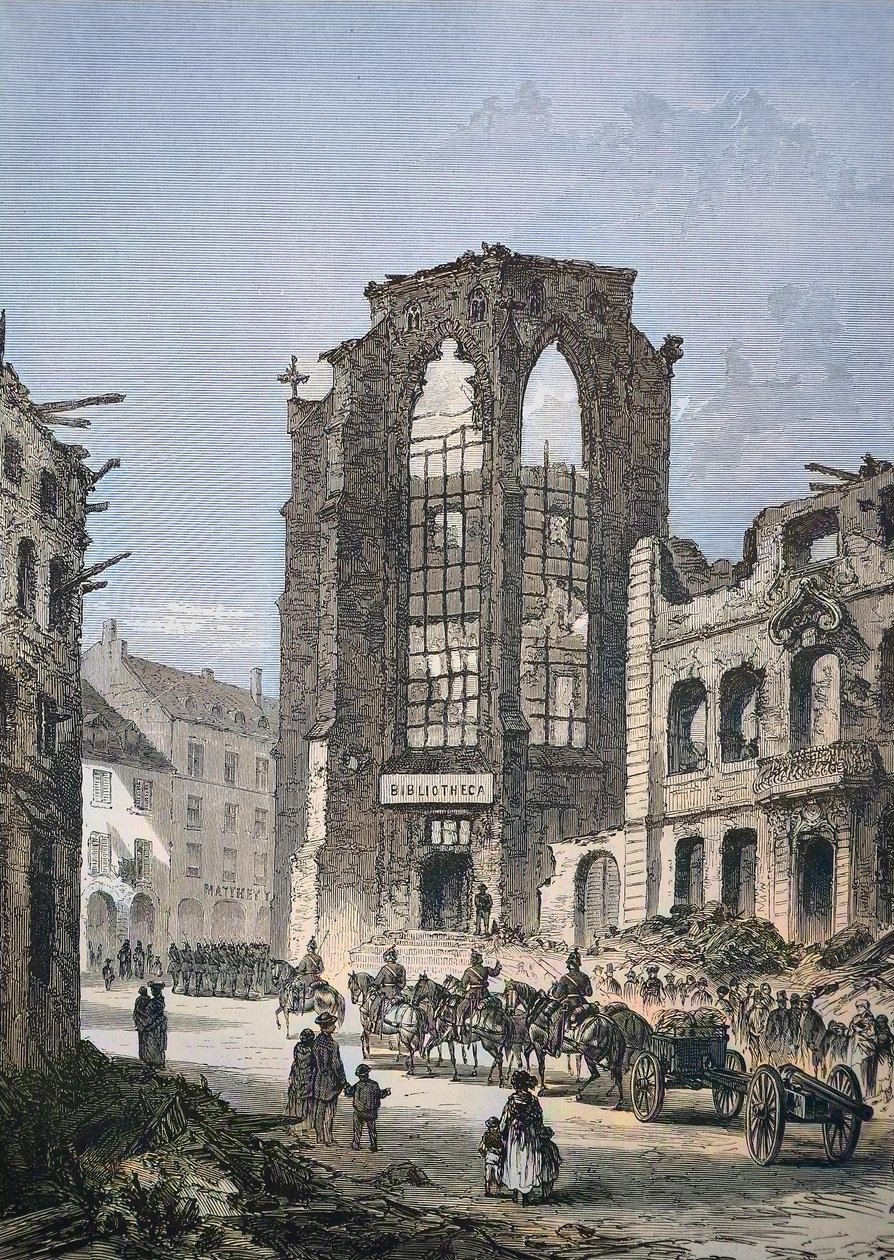 O edifício destruído da biblioteca de Estrasburgo de Unbekannter Künstler