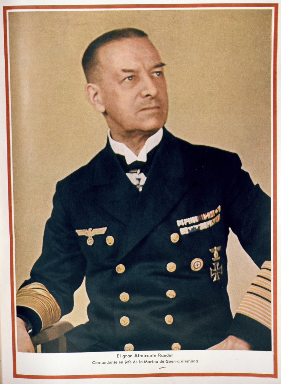O Grande Almirante Raeder (1876-1960) Comandante-em-Chefe dos Fuzileiros Navais, da revista "Signal", n.º 3, primeira edição de fevereiro de 1943 (fotografia) de Unbekannter Künstler