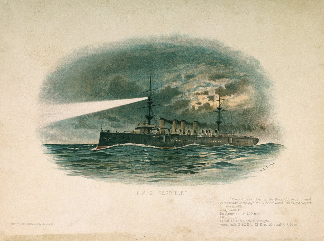 O HMS "Terrible", um cruzador de primeira classe, construído pela Barrow in Furness Shipbuilding and Arms Company em 1897. Cromolitografia no final do século XIX, por W.S. Tomkin (). de Unbekannter Künstler