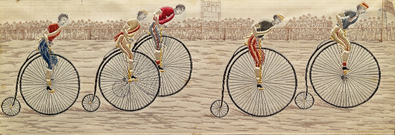 The Last Lap, Penny Farthing Race tecida em seda Stevengraph, por Thomas Stevens de Coventry de Unbekannter Künstler
