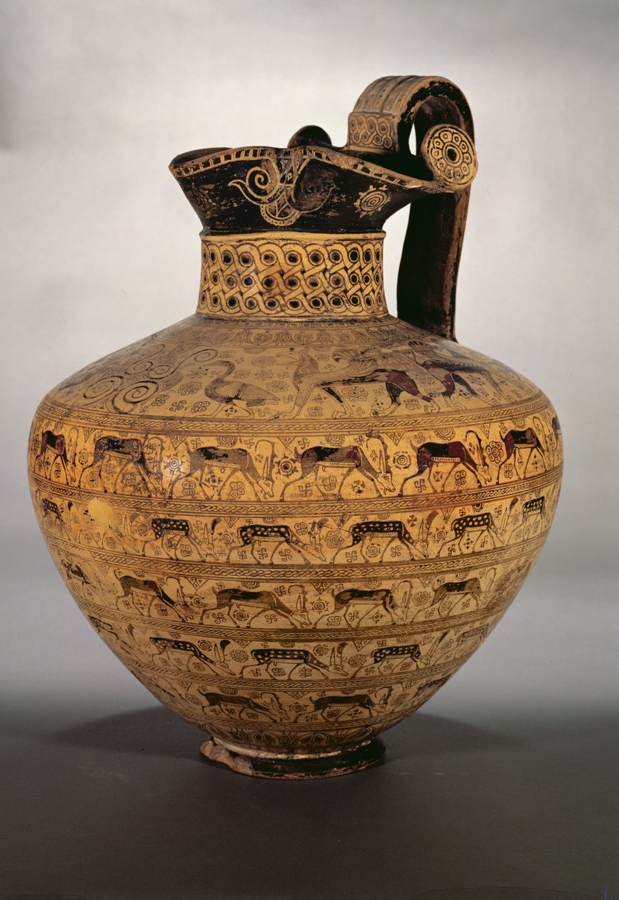O "Levy Oinochoe", um vaso orientalizante grego oriental decorado com filas de animais fabulosos e cabras selvagens, estilo cabra selvagem, c.650 AC (olaria) de Unbekannt