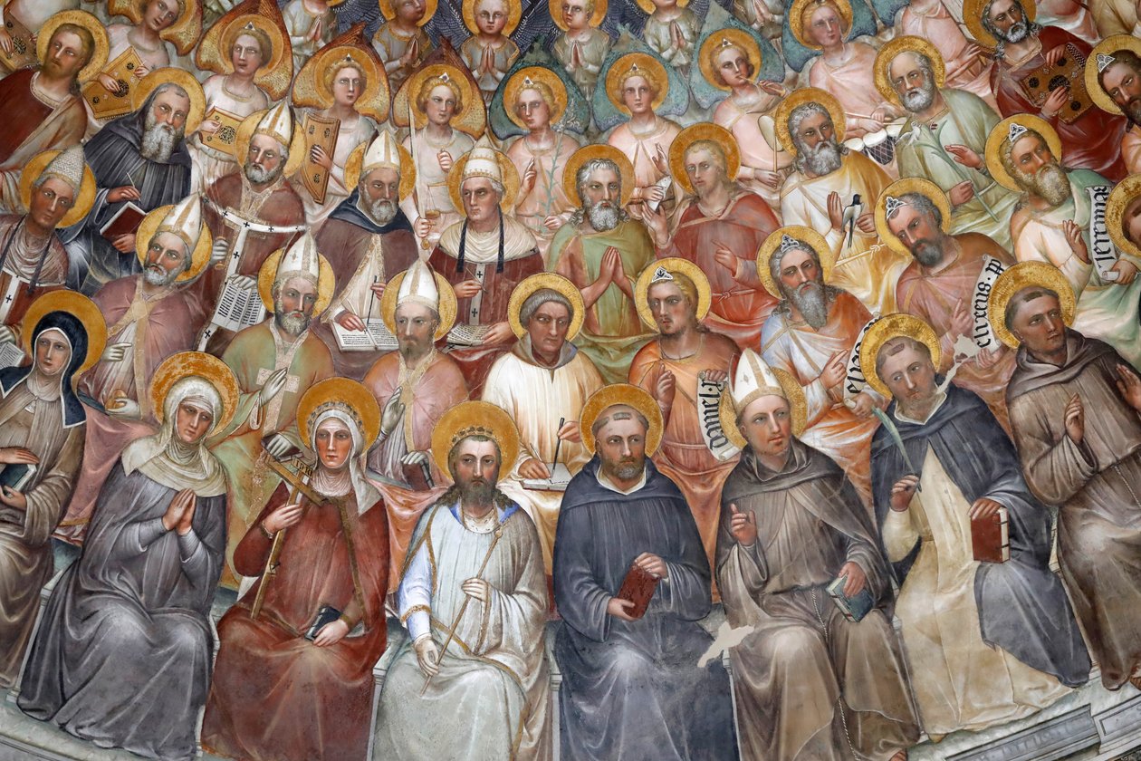 O Baptistério de Pádua. Afrescos de teto do século XIV, de Giusto de Menabuoi. O Paraíso. Bênção de Cristo com patriarcas, profetas e santos. Detalhe. Pádua. Itália. (foto) de Unbekannt