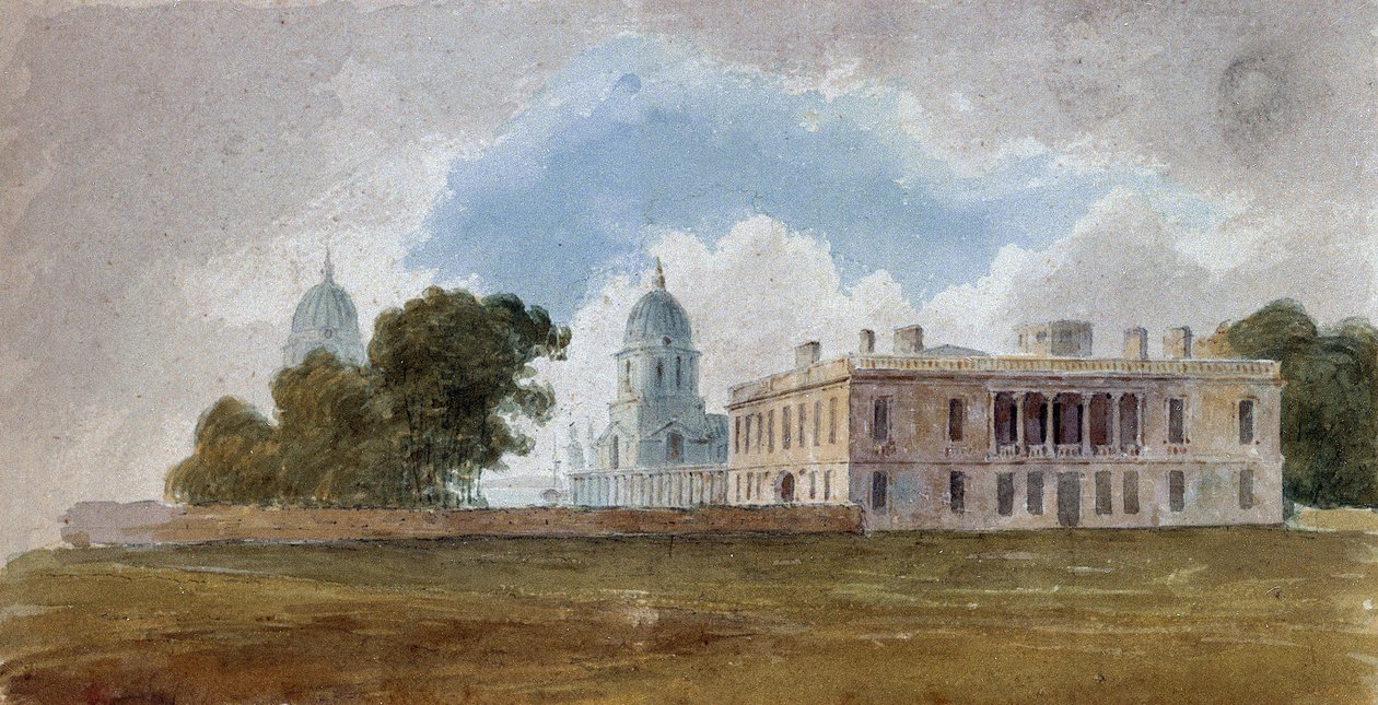A Casa da Rainha e o Hospital de Greenwich (Inglaterra), com as cúpulas dos edifícios Queen Mary Court e King William Court. Pintura atribuída a David Cox (1783-1859), aguarela por volta de 1804. de Unbekannter Künstler