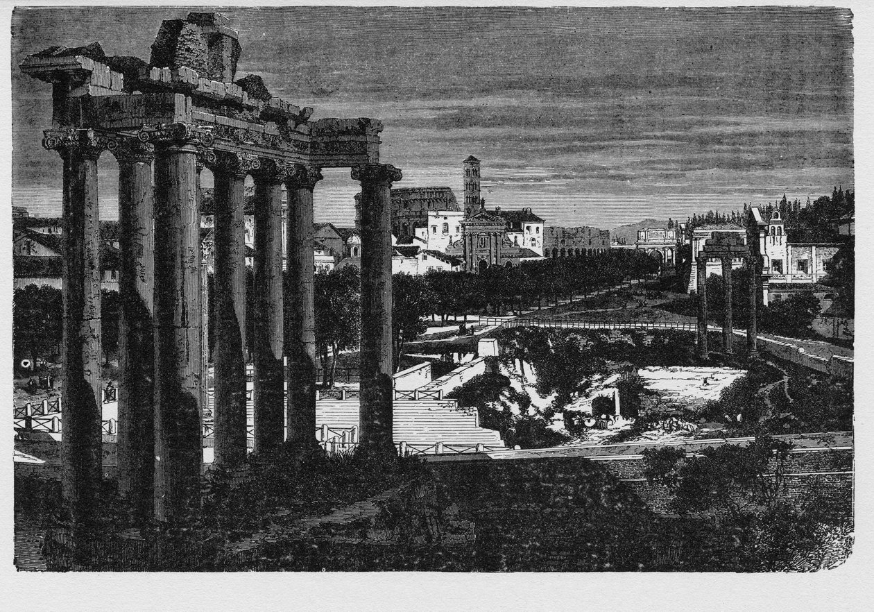 O Fórum Romano rodeado pelas ruínas de vários edifícios governamentais antigos importantes no centro da cidade de Roma. Os cidadãos da cidade antiga se referiam a este espaço, originalmente um mercado, como o Forum Magnum, ou simplesmente o Forum. de Unbekannt