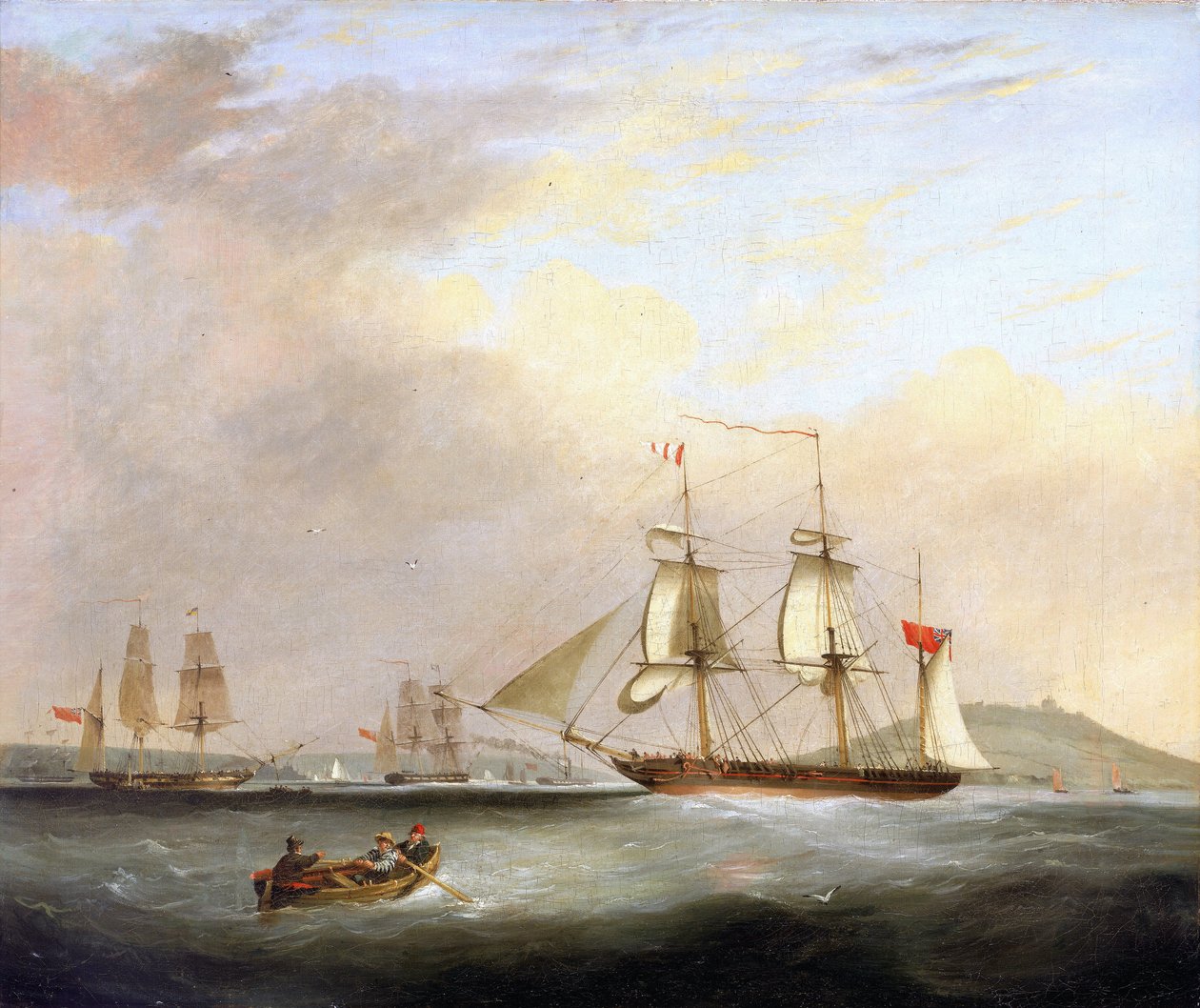O "Sheldrake", um navio do serviço postal, ao largo de Falmouth, Inglaterra, um importante centro de navegação para oeste, rodeia os barcos "Eclipse" e "Sandwich de Unbekannter Künstler