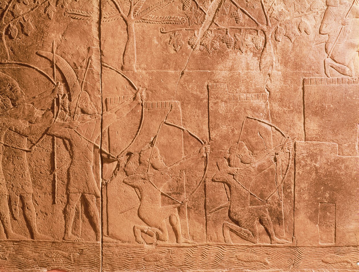 O Cerco de Alammu pelo exército de Sennacherib (704-681 AC) detalhe de um painel do Palácio Sudoeste de Nineveh, c.700 AC (gypsum) (ver também 85704) de Unbekannt
