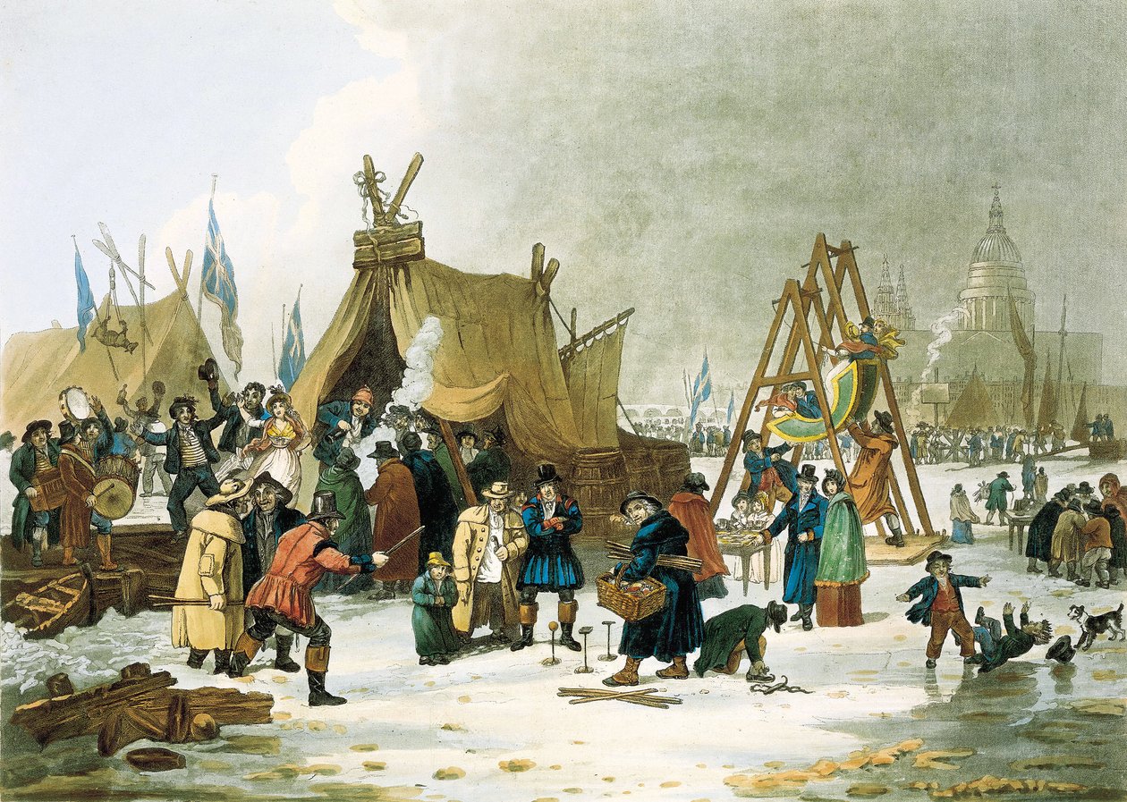 O Tamisa congelou durante o inverno de 1813-1814, antes da demolição da antiga Ponte de Londres em 1831, o Tamisa congelava durante os Invernos muito frios e os londrinos aproveitaram a oportunidade para criar parques infantis, improvisar pistas de gelo e  de Unbekannter Künstler