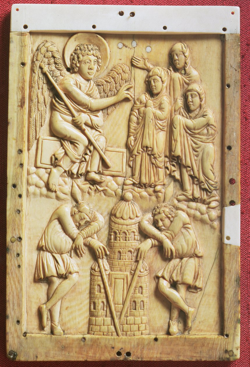 As Três Marias no Túmulo, placa esculpida, Escola do Palácio de Carlos Magno, francês (marfim) de Unbekannt