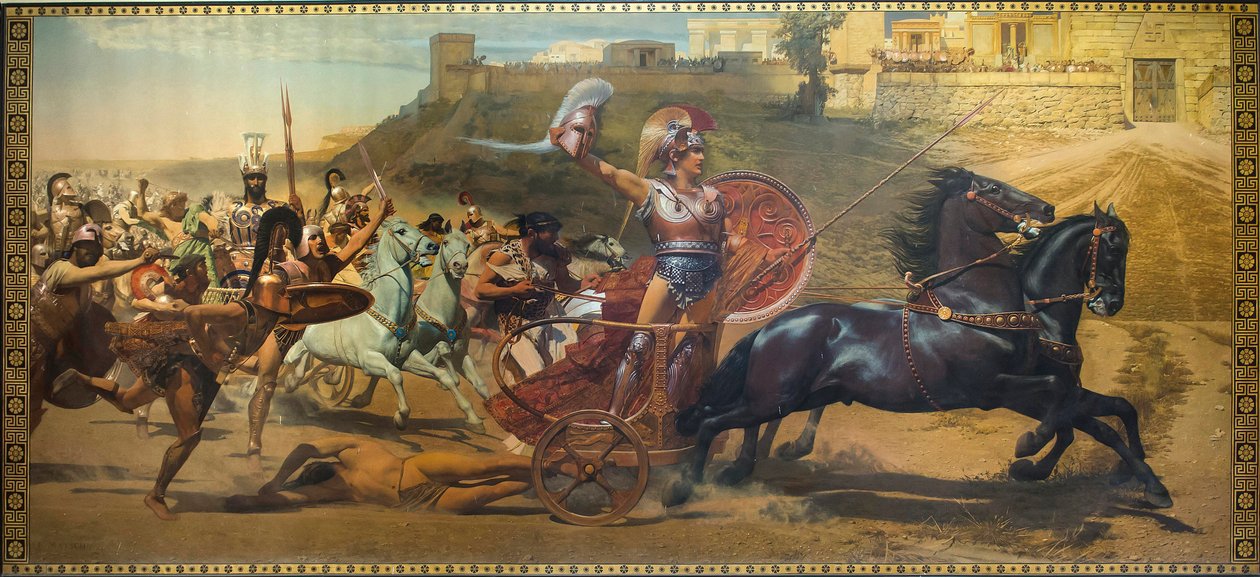 O Triunfo de Aquiles - Pintura no Palácio de Aquileson, Corfu - A pintura do Triunfo de Aquiles no palácio de Aquilesion, antiga cidade de Corfu, Ilhas Jónicas, Grécia, Europa de Unbekannter Künstler