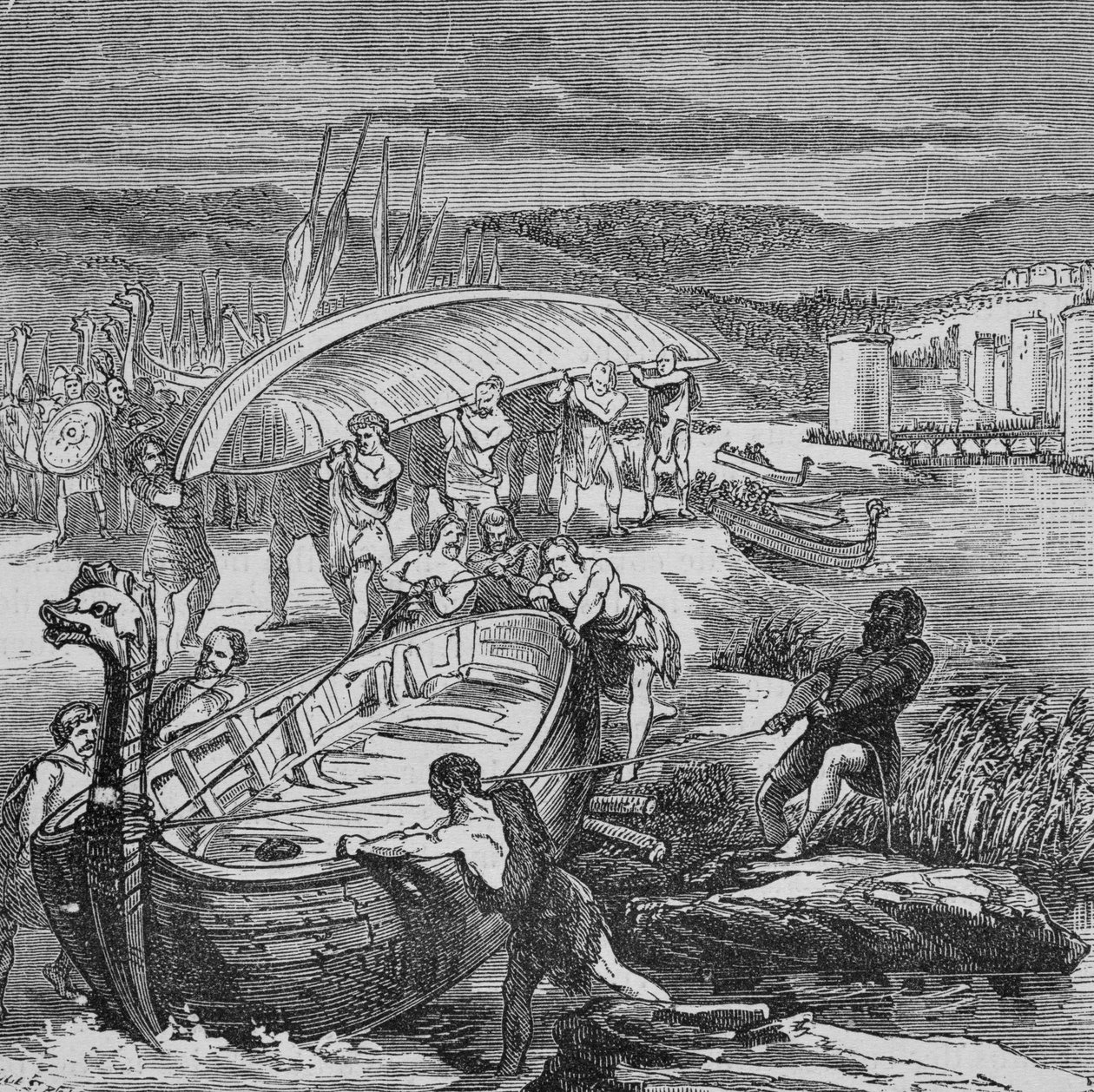 Os vikings tinham de retirar os seus barcos da água e transportá-los para se deslocarem nas apostas (gravura) de Unbekannter Künstler