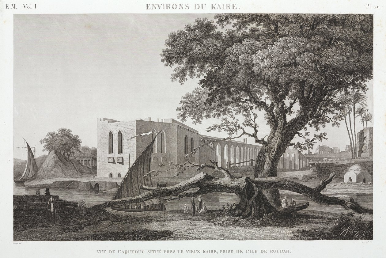 O aqueduto do Cairo Velho, da Ilha de Roudah, Egipto, c 1798 de Unbekannt