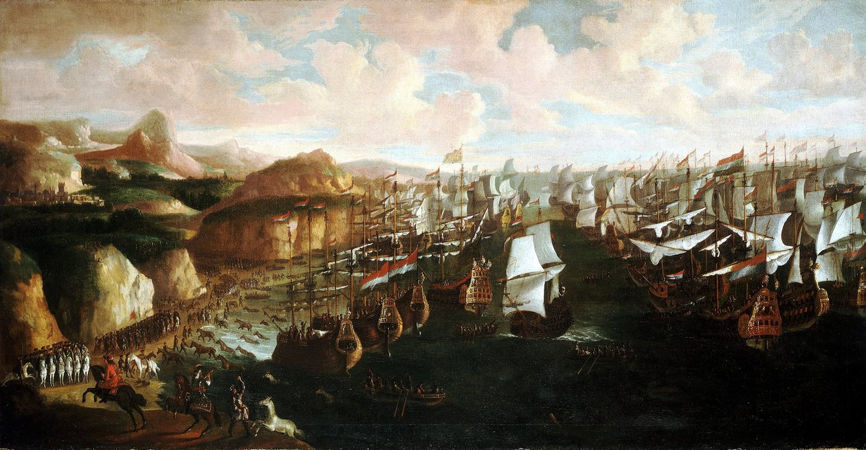 Chegada de Guilherme III de Orange (ou Guilherme III de Inglaterra) (1650-1702), a Torbay (Inglaterra), a 5 de novembro de Unbekannter Künstler
