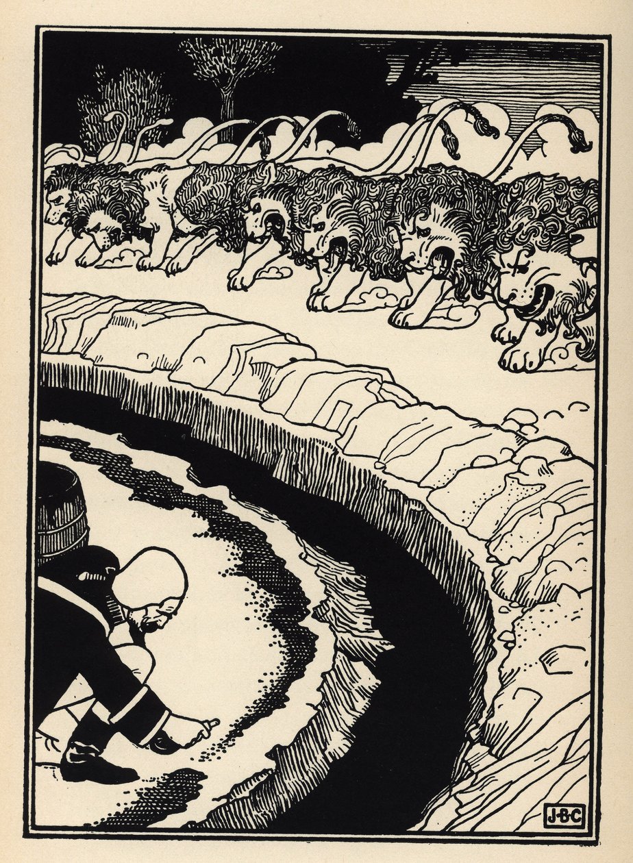 O barão se defende do ataque dos leões, incendiando a pólvora. Ilustração de William Strang (1859-1921) e JB Clark de "The Adventures of the Baron of Munchausen (Munchhausen)" de Rudolf Erich Raspe (1736-1794) (1789) de Unbekannt