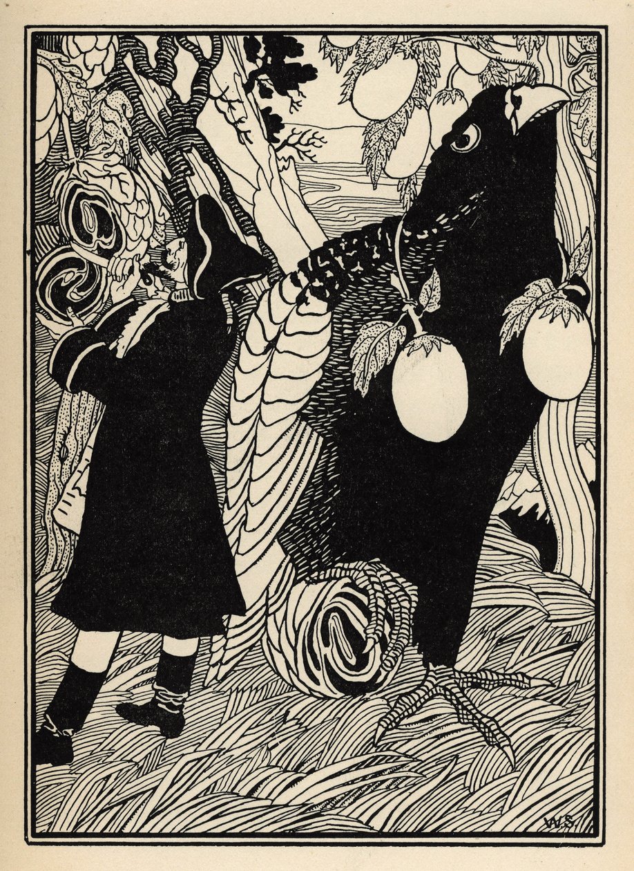 O barão descobre os grandes pássaros e rotis nas árvores nos Estados Unidos. Ilustração de William Strang (1859-1921) e JB Clark de "The Adventures of the Baron of Munchausen (Munchhausen) de Rudolf Erich Raspe (1736-1794) (1789) de Unbekannter Künstler