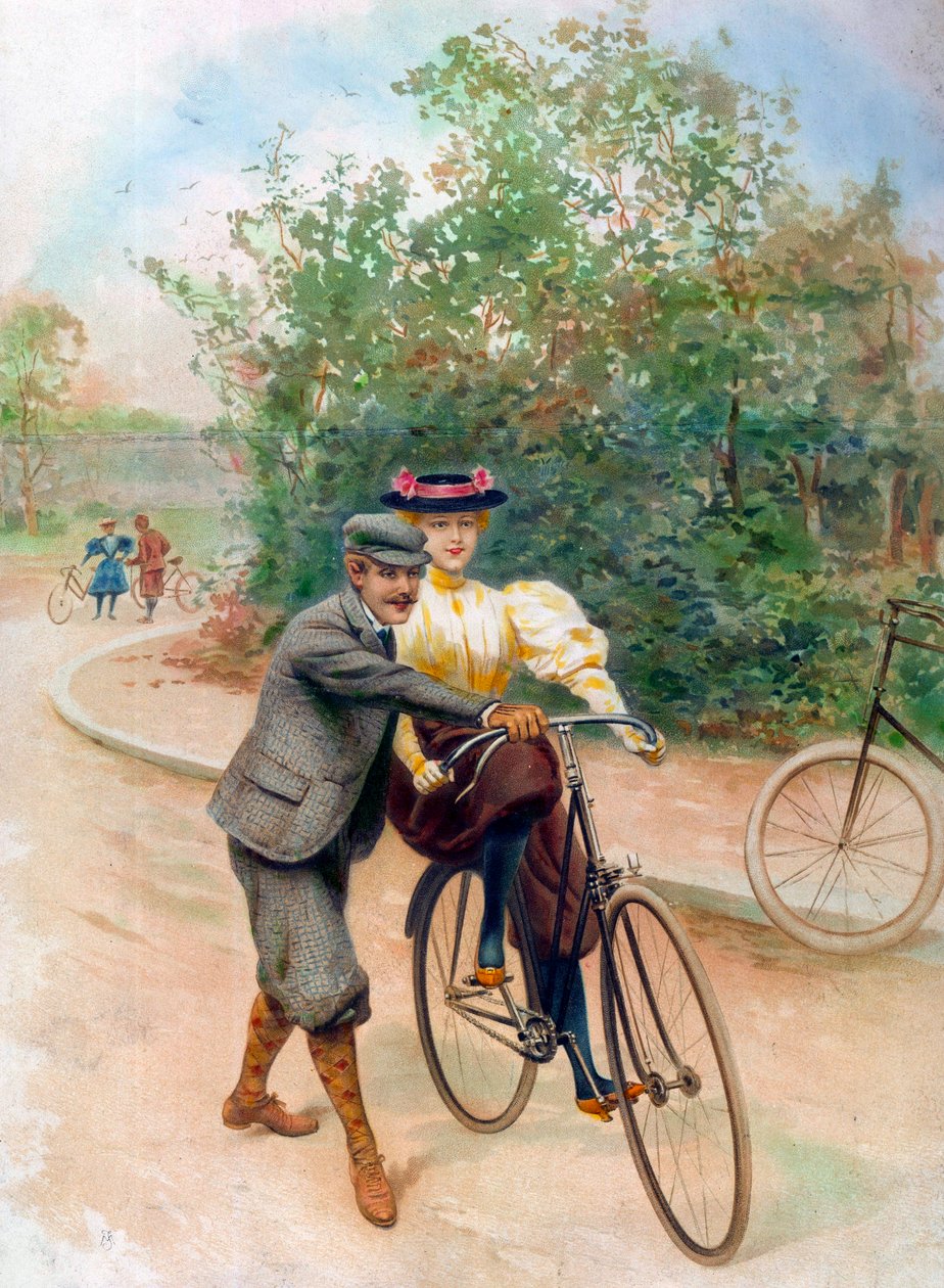 A lição da bicicleta, início do século XX (gravura) de Unbekannter Künstler