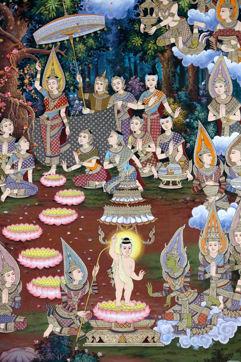 O nascimento do bebé Siddhartha, fresco de parede, mosteiro Wat Maniratanaram, Phnom Penh, 2022 (foto) de Unbekannter Künstler