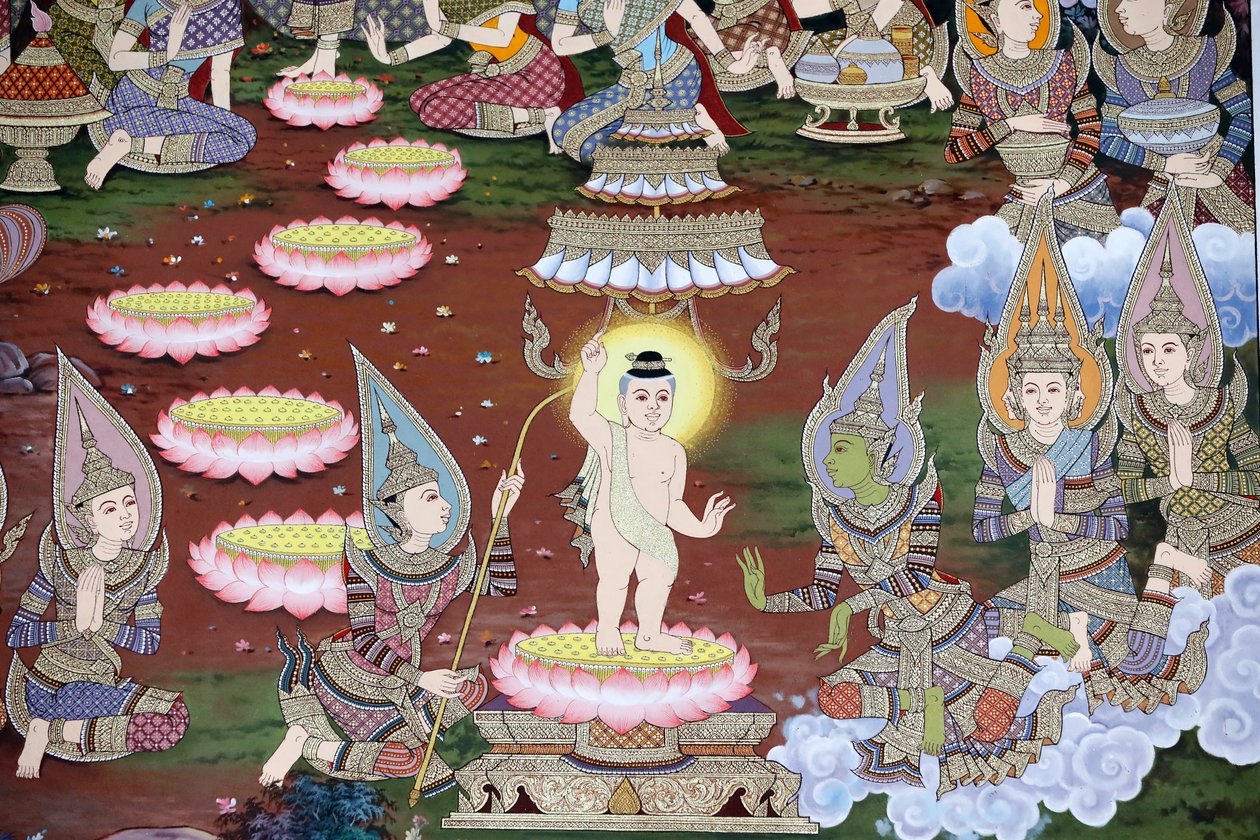 O nascimento do bebé Siddhartha, fresco de parede, mosteiro Wat Maniratanaram, Phnom Penh, 2022 (foto) de Unbekannter Künstler