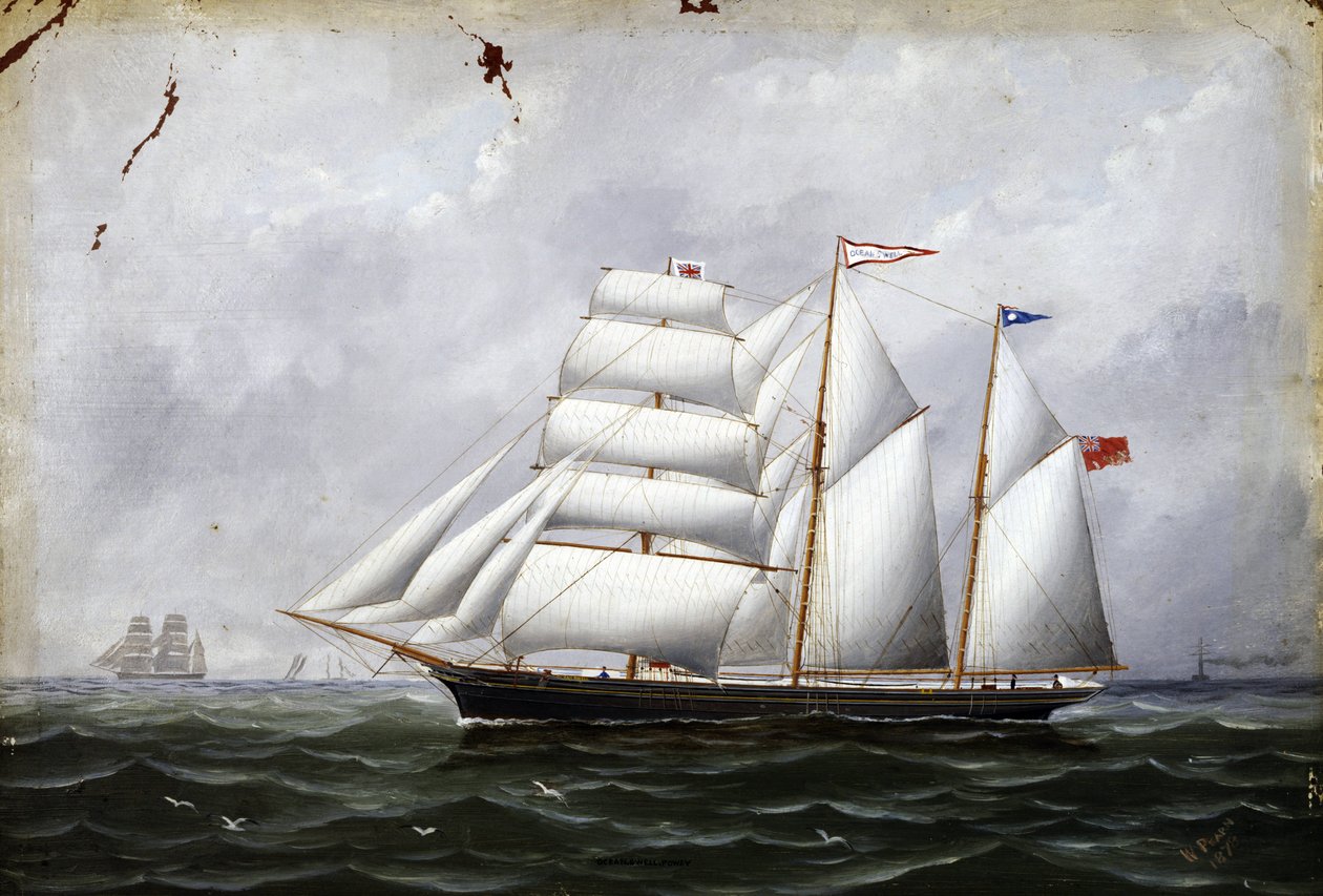 O barco "Ocean Swell", em plena navegação. Óleo sobre cartão de Unbekannter Künstler