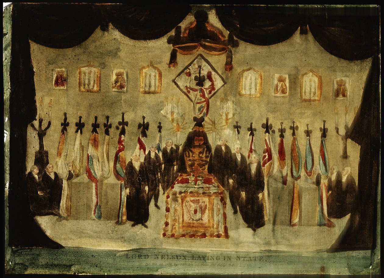 O corpo de Horatio Nelson (1758-1805) repousa no salão pintado do antigo Royal Naval College, em Greenwich. Durante o funeral, no terceiro dia, o lençol preto que cobre o caixão é retirado e guardas vestidos de preto colocam-se de cada lado do caixão. de Unbekannter Künstler