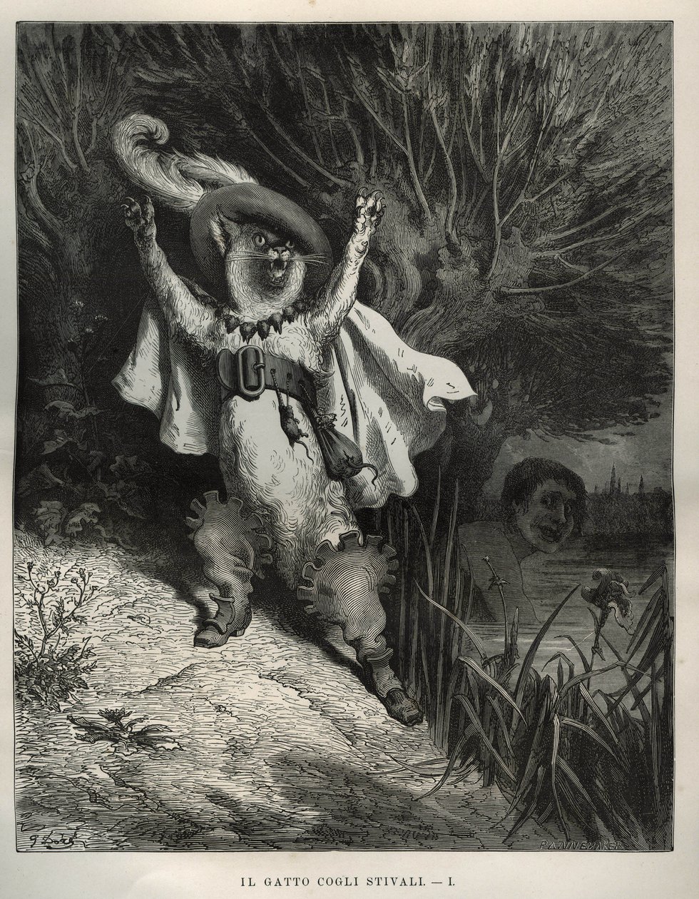 O gato do porta-bagagens pede ajuda. Gravura de Gustave Dore (1832-1883) de "Les contes" de Charles Perrault (1628-1703) de Unbekannt