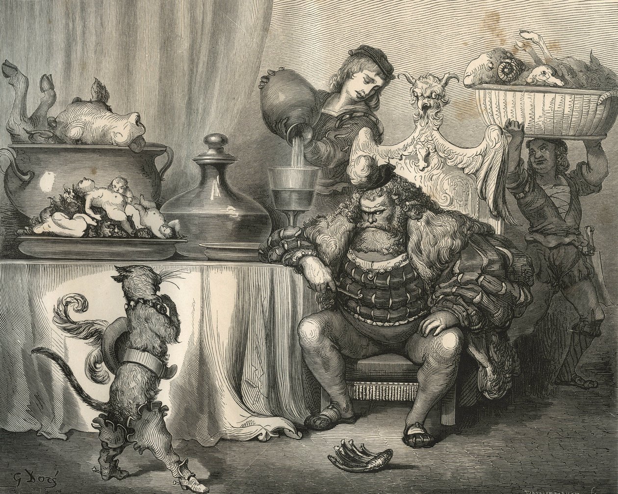 O gato das botas encontra o Ogre. Gravura de Gustave Dore (1832-1883) de "Les contes" de Charles Perrault (1628-1703) de Unbekannt