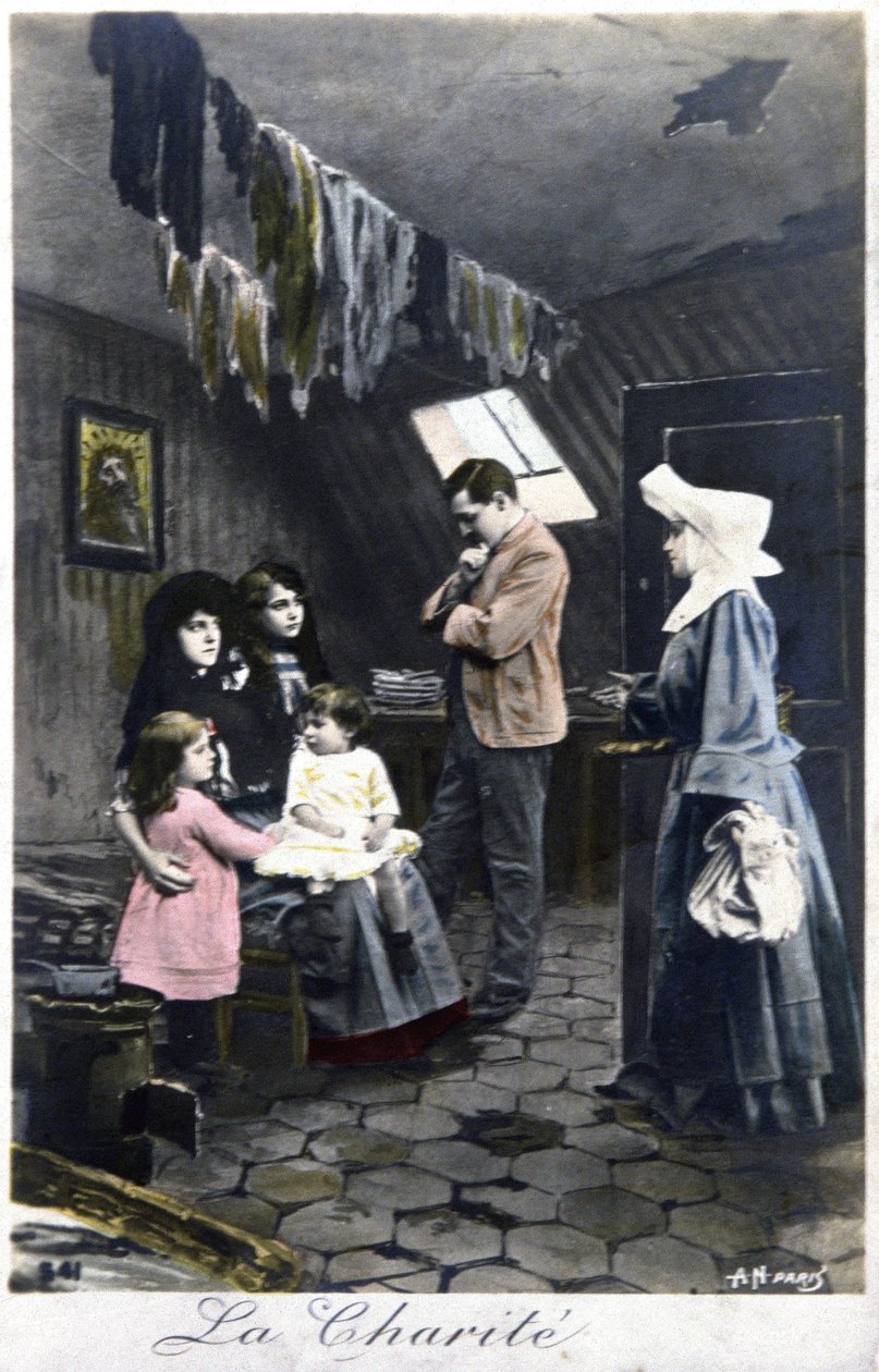 A caridade: freira visitando os pobres, c. 1910 (cartão postal) de Unbekannter Künstler