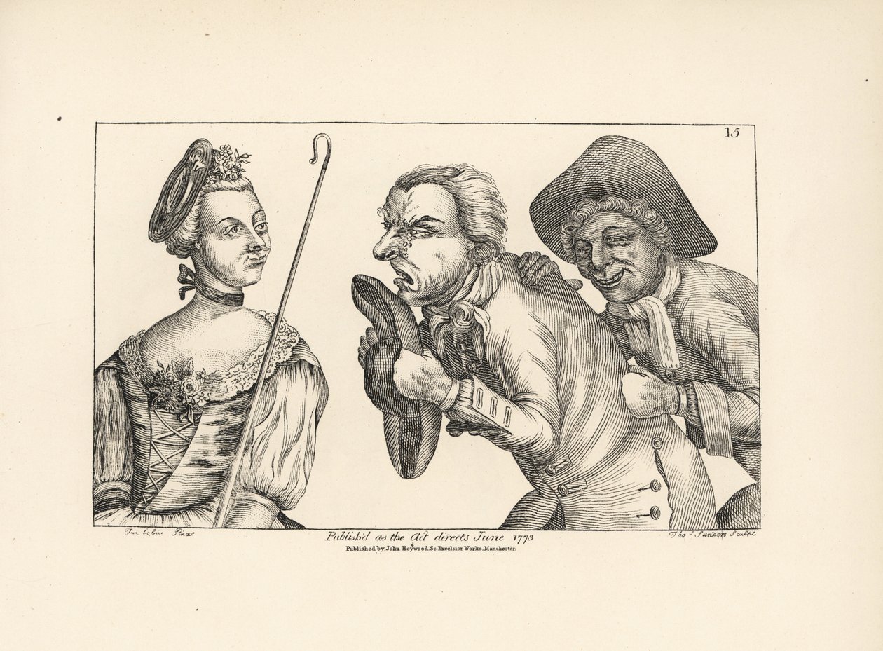 As figuras cómicas de Cimon e Mopsus com a bela Phillida. Da ópera cómica de Colley Cibber, Damon and Phillida de Unbekannter Künstler