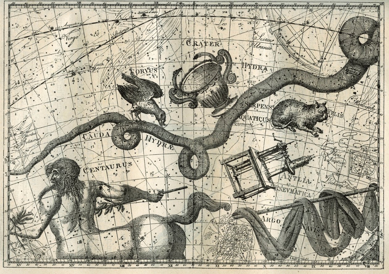 A constelação de Hydra, com um Curbeau que a fazia formigar e uma Taça de Equilíbrio, originou-se do mito de Apolo que enviou um corvo com uma taça cheia de água para fazer um sacrifício a Júpiter. Abaixo do Hydre, o astrônomo francês Lalande (1732-1807) d de Unbekannter Künstler