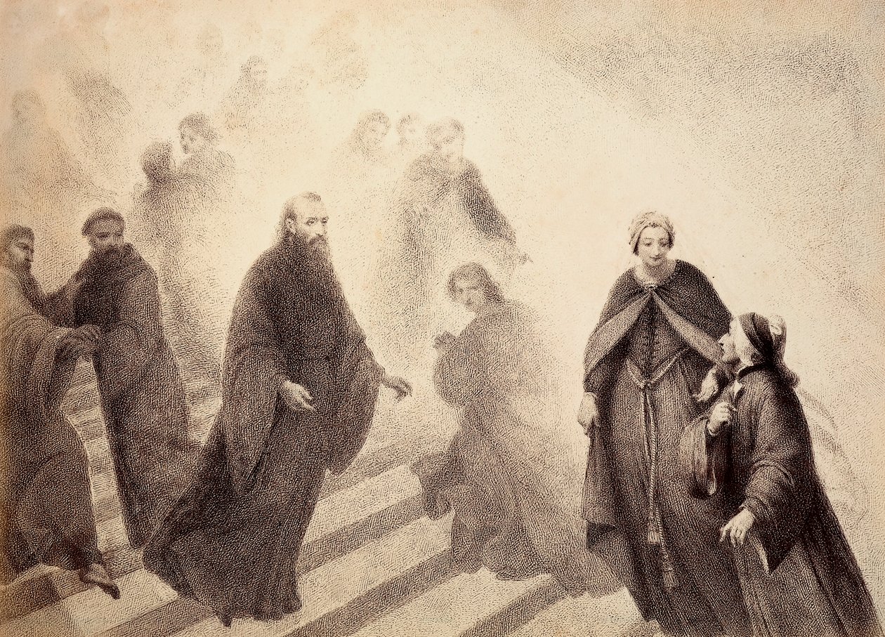 O espírito contemplativo de Pedro Damião desce de uma escada dourada, dirigindo-se a Dante. Ilustração do Canto XVI do Paradiso da Divina Comédia de Dante Alighieri. Obra de Francesco Scaramuzza dedicada ao Município de Florença. de Unbekannter Künstler