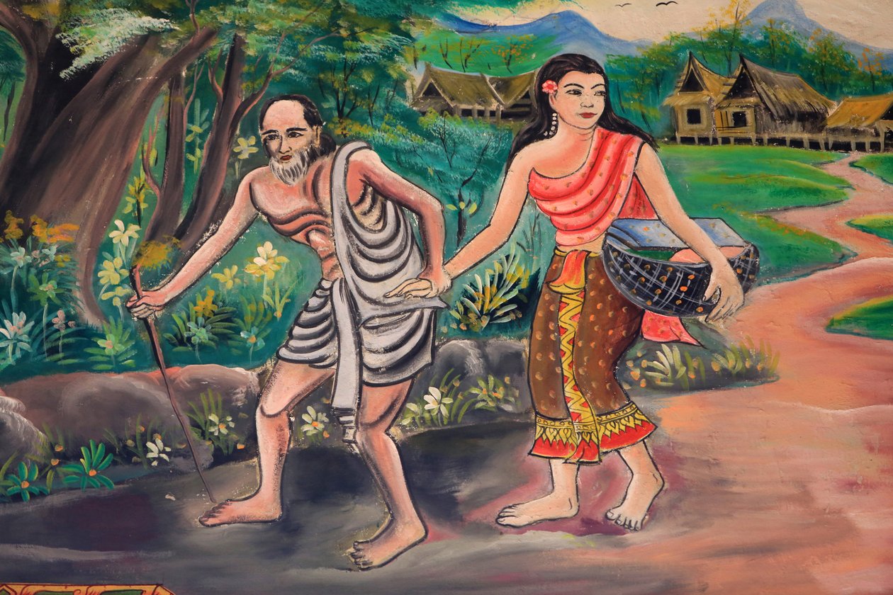 No dia anterior. Reunião com o aldeão. O caminho do esclarecimento. A vida de Buda. Obras de arte de tecto que retratam a vida de Buda. Wat Inpeng. Ventiana. Laos, 20151029, Vientiane, Laos de Unbekannt