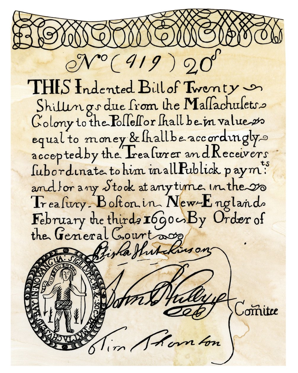 O primeiro papel americano (nota de banco) no valor de 20 xelins, emitido pelo Tribunal Geral da Colónia de Boston (Massachusetts, EUA) em 1690. Cores da gravura do século XIX. de Unbekannter Künstler