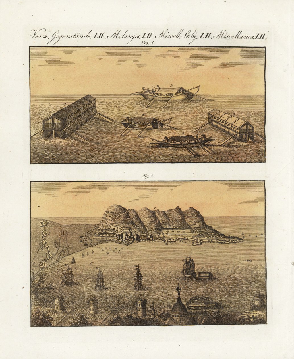 As baterias flutuantes do exército britânico em Gibraltar em 1782. Uma barcaça de 210 canhões em dois níveis e outra barcaça de um só nível concebida pelo engenheiro francês de Arcon para bombardear a cidade. As baterias flutuantes da marinha britânica em  de Unbekannter Künstler