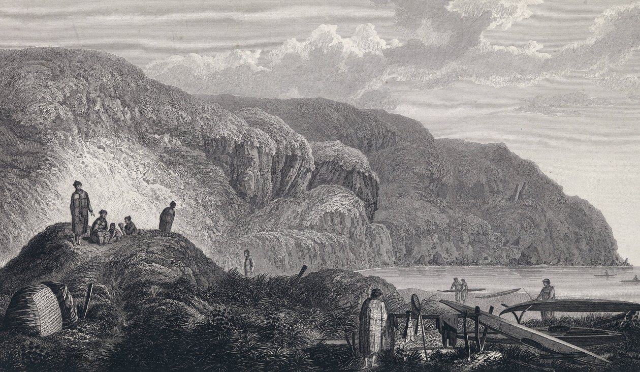 Os habitantes de Oonalashka (ou Unalaska, Alasca, Estados Unidos) e as suas casas. Gravura do final do século XVIII, segundo John Webber (1751-1793). de Unbekannter Künstler